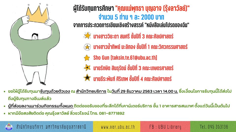 ประกาศรายชื่อผู้ได้รับทุนการศึกษา “คุณแม่พุทธา บุญอาจ (รุ้งลาวัลย์)