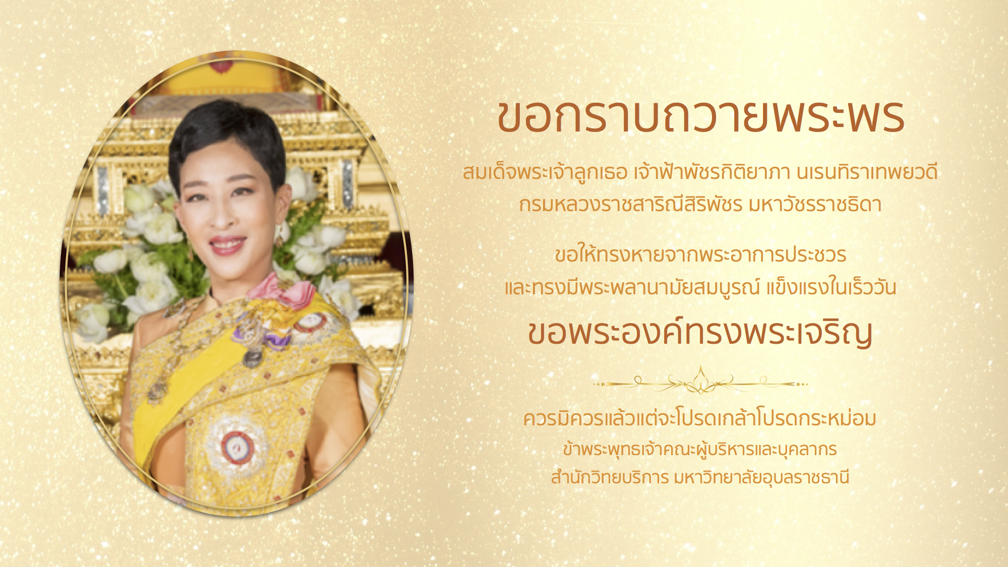ขอกราบถวายพระพร สมเด็จพระเจ้าลูกเธอ เจ้าฟ้าพัชรกิติยาภาฯ
